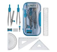 Linex Kit de géométrie mathématique avec étui transparent - Kit d'examen bleu 10 pièces comprenant boussole, rapporteur, règle, équerres et gomme
