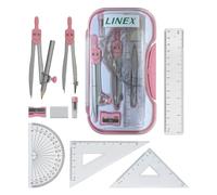 Linex Kit de géométrie mathématique avec étui transparent - Kit d'examen rose 10 pièces comprenant boussole, rapporteur, règle, équerres et gomme