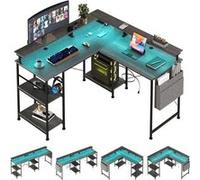 LINFE Bureau en L 140x140x85 cm, table d'ordinateur d'angle réversible avec prise électrique et barre de LED, table d'ordinateur de jeu avec support d'écran et compartiment de rangement, bureau long p