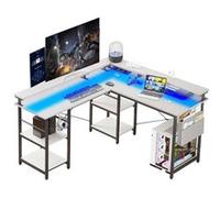 LINFE Bureau en L, table d'ordinateur multi-scénarios avec bande lumineuse LED et pochette de rangement, 140 x 140 x 85 cm, finition blanc bois Blanc