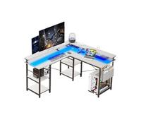 LINFE Bureau en L, table d'ordinateur multi-scénarios avec bande lumineuse LED et pochette de rangement, 140 x 140 x 85 cm, finition blanc bois