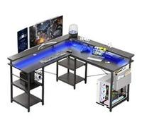 LINFE Bureau en L, table d'ordinateur multi-scénarios avec bande lumineuse LED et pochette de rangement, 140 x 140 x 85 cm, noir, à motifs Noir