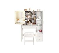 LINFE Coiffeuse Vanity avec miroir LED, tiroirs et tabouret, coiffeuse avec éclairage, grand plateau, coiffeuse, blanc