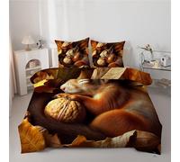 Linfye Couette 220x240 cm Feuille et éCureuil - Couette Imprimée Automne 4 Saisons en Microfibre Duvet Legere et Chaude, Edredon Marron pour Lit 2 Personne avec 2 Taies d'oreiller 65x65 cm