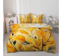 Linfye Couette 220x240 cm Feuilles Modernes - Couette Imprimée Plante 4 Saisons en Microfibre Duvet Legere et Chaude, Edredon Jaune pour Lit 2 Personne avec 2 Taies d'oreiller 65x65 cm