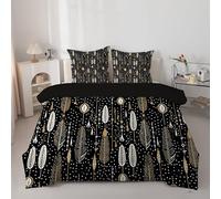 Linfye Couette 260x240 cm BhêMe Noire - Couette Imprimée Tribal Plumes 4 Saisons en Microfibre, Duvet 240x260 Legere et Chaud, Réversible Edredon pour Lit 2 Personnes avec 2 Taies d'oreiller 65x65 cm