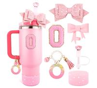 Lingdeer Ensemble d'accessoires de tasse rose pour gobelet Stanley de 887 ml et 1200 ml avec poignée, breloques en forme de lettre, nœud et couvercle de paille en diamant, autocollant personnalisé