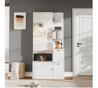 LINHOO Armoire d’Entrée avec Miroir 85×40×180 cm - Meuble à Chaussures 2 Portes, 5 Étagères Ouvertes et Placards Rabattables, Blanc