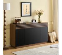 LINHOO Buffet 150x40x85 cm Effet Bois Marron avec Portes Noires, 2 Tiroirs et 4 Portes, pour Salon et Salle à Manger