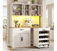 LINHOO Buffet de Cuisine 140 cm avec LED, Chariot sur Roulettes et Range-Verres, Grand Rangement, Style Moderne