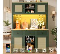 LINHOO Buffet Haut avec LED et Portes Effet Rotin, Étagères Réglables et Tiroirs, Grand Rangement Vintage