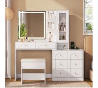 LINHOO Coiffeuse avec Miroir LED et Prise, 8 Tiroirs, Tabouret et Vitrine, Rangement, 131.5x40x140 cm, Blanc