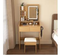 LINHOO Coiffeuse Compacte avec Miroir LED et Prise, Support Sèche-cheveux, Tabouret Rembourré, 60x36x130 cm
