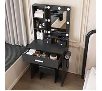 LINHOO Coiffeuse Compacte avec Miroir LED, Prise, Support Sèche-cheveux, 3 Tiroirs et Tabouret, Noir