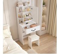 LINHOO Coiffeuse Compacte avec Miroir LED Réglable, Rangement, Tabouret Rembourré, 60x36x131,5 cm, Blanc