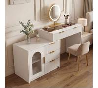 LINHOO Coiffeuse Extensible 90-160x40x75 cm Blanche avec Miroir LED, Plateau en Verre et Finition Rainurée