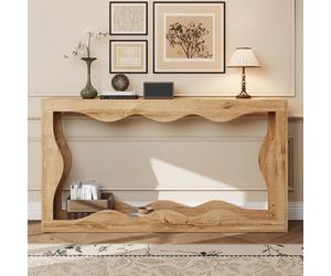 LINHOO Console Effet Bois à Bord Naturel Ondulé avec Étagère 2 Niveaux, Table d’Appoint pour Salon et Entrée