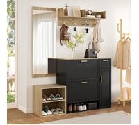 LINHOO Ensemble Meuble d’Entrée 4 Pièces 139,5x35x166 cm avec Banc, Meuble à Chaussures, Porte-Manteau et Miroir