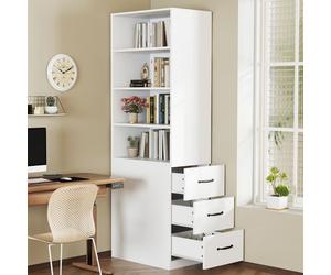 LINHOO Étagère Haute Étroite 180 cm avec Tiroirs Latéraux - Bibliothèque Fine 38 cm pour Petits Espaces, Meuble Multifonction