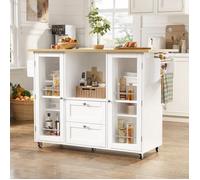 LINHOO Îlot de Cuisine 120x45-70x92 cm sur Roulettes avec Plan Rabattable, 2 Tiroirs, Range-Épices et Porte-Serviettes