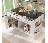 LINHOO Îlot de Cuisine 120x60x90 cm Blanc avec 3 Tiroirs, Range-Épices, Étagère Réglable et Espace Animal