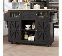 LINHOO Îlot de Cuisine 140 cm avec Table Rabattable, Prises, Roulettes et Étagères Réglables, Rangement Multifonction, Noir