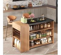 LINHOO Îlot de Cuisine avec Bar 140 cm, 5 Niveaux de Rangement, Tiroir Caché, Design Moderne Cuisine
