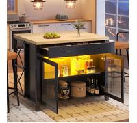 LINHOO Îlot de Cuisine avec LED, Table Bar Noire avec 2 Tiroirs et Porte Vitrée