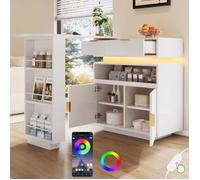 LINHOO Îlot de Cuisine Extensible avec LED, Table Bar Rotative, Rangement Multifonction, Design Moderne