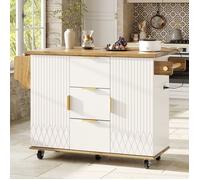 LINHOO Îlot de Cuisine Mobile 134x46-74x88 cm Blanc Effet Bois avec Plan Rabattable, Prises USB, 3 Tiroirs et Roulettes