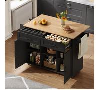 LINHOO Îlot de Cuisine Mobile 145x45x94.5cm, Plateau Extensible, 5 Roulettes, Tiroir Couverts, Étagères Ajustables - Noir