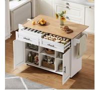 LINHOO Îlot de Cuisine Mobile 145x45x94.5cm, Plateau Extensible, 5 Roulettes, Tiroir Couverts, Étagères Ajustables - Blanc