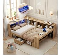 LINHOO Lit Enfant 140x200 cm avec LED et USB, Bureau et Rangement, Design Moderne Chambre