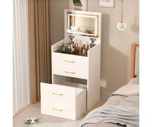 LINHOO Petite Coiffeuse Gain de Place avec Miroir Rabattable, Rangement et Tabouret, Blanche