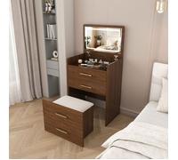 LINHOO Petite Coiffeuse Gain de Place avec Miroir Rabattable, Rangement et Tabouret, Bois