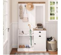 LINHOO Vestiaire d’Entrée 110,5x38x191 cm avec Miroir, Rangement Chaussures, Tiroirs et Porte-Parapluie, Blanc Bois