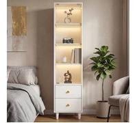 LINHOO Vitrine Bibliothèque 40x35x165 cm Blanche avec LED, Portes en Verre, 2 Tiroirs et Poignées Dorées