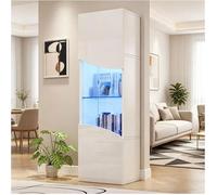 LINHOO Vitrine Haute 35x50x165 cm Blanche Haute Brillance avec LED, Grand Rangement et Façade Ondulée Incurvée