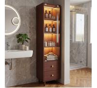 LINHOO Vitrine Haute 40x35x165 cm en Bois avec LED, Porte en Verre, 2 Tiroirs et Poignées Dorées, Style Rétro