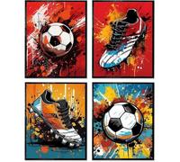 Linilioart Affiches de football murales, lot de 4 peintures d'art de football, impressions murales colorées de graffiti sans cadre, décor mural esthétique pour chambre de garçon (40x60 cm)