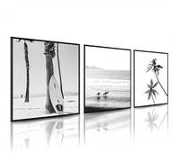 Linilioart Lot de 3 toiles murales en noir et blanc, motif vagues de mer, planche de surf, photos de plage, impressions pour décoration de salle de bain, sans cadre (20 x 25 cm)