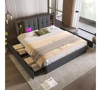 LINKHOO lit Double, Cadre de lit rembourré, avec Recharge sans Fil USB C & 4 tiroirs, sommier à Lattes en Lin(sans Matelas), 160x200cm, Gris