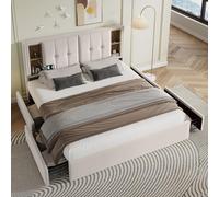 LINKHOO lit Double, Cadre de lit rembourré, avec Recharge sans Fil USB C & 4 tiroirs, sommier à Lattes en Velours(sans Matelas), 160x200cm, Bois-Beige