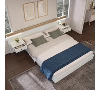 LINKHOO lit en Bois Double, avec 2 commodes de Chevet LED et Prise USB C, avec 2 Tables de Chevet Chambre complète, Set en chêne Sonoma/Blanc (sans Matelas), 180 x 200 cm