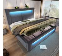 LINKHOO Lit simple hydraulique, avec espace de rangement, éclairage LED avec commande via application, ports de chargement USB et Type-C, tête de lit au design incurvé(sans matelas),160 x 200 cm, gris