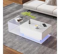LINKHOO Table Basse Verre, Table Basse Blanc Brillant 100x50x32 cm - avec Plateau en Verre et tiroirs, Anti-Rayures, avec 1 tiroir, avec éclairage LED, Style Moderne