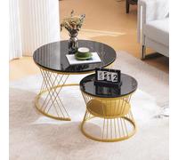 LINKHOO Table Gigogne Ronde, Table Basse Moderne Nesting, Ensemble de Tables Basses Brillantes,marbre placage canapé côté nid de Tables Tables Rondes d'extrémité, Ensemble de 2, Couleur Or Frame