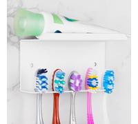 Linkidea Support de Brosse à Dents Mural pour Douche, en Aluminium, Autocollant, 5 emplacements pour Brosse à Dents et Dentifrice, Compatible avec Colgate Extra Clean, Oral-B CrossAction (Blanc)