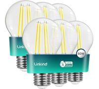 Linkind Ampoule LED E27 Vintage Ultra Efficace, 3,8W = 60W, 2700K Blanc Chaud, Classe Énergétique A, Filament A60 806 lm, Angle 320°, Verre Transparent, Lot de 6