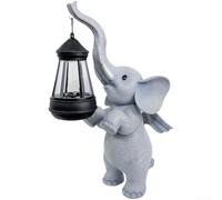 Linnkyfloa Statue d'éléphant à énergie solaire avec lanterne LED - Décoration de jardin ailée en résine - Résistante aux intempéries - 33 cm de haut - Lumière au crépuscule - Finition grise